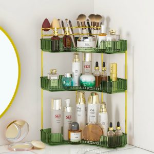 Corner Bathroom Counter Organizer, 2 Tier/3 Tier Bathroom Organizer Countertop with Makeup Brush Holder, Vanity Makeup Cosmetic Storage