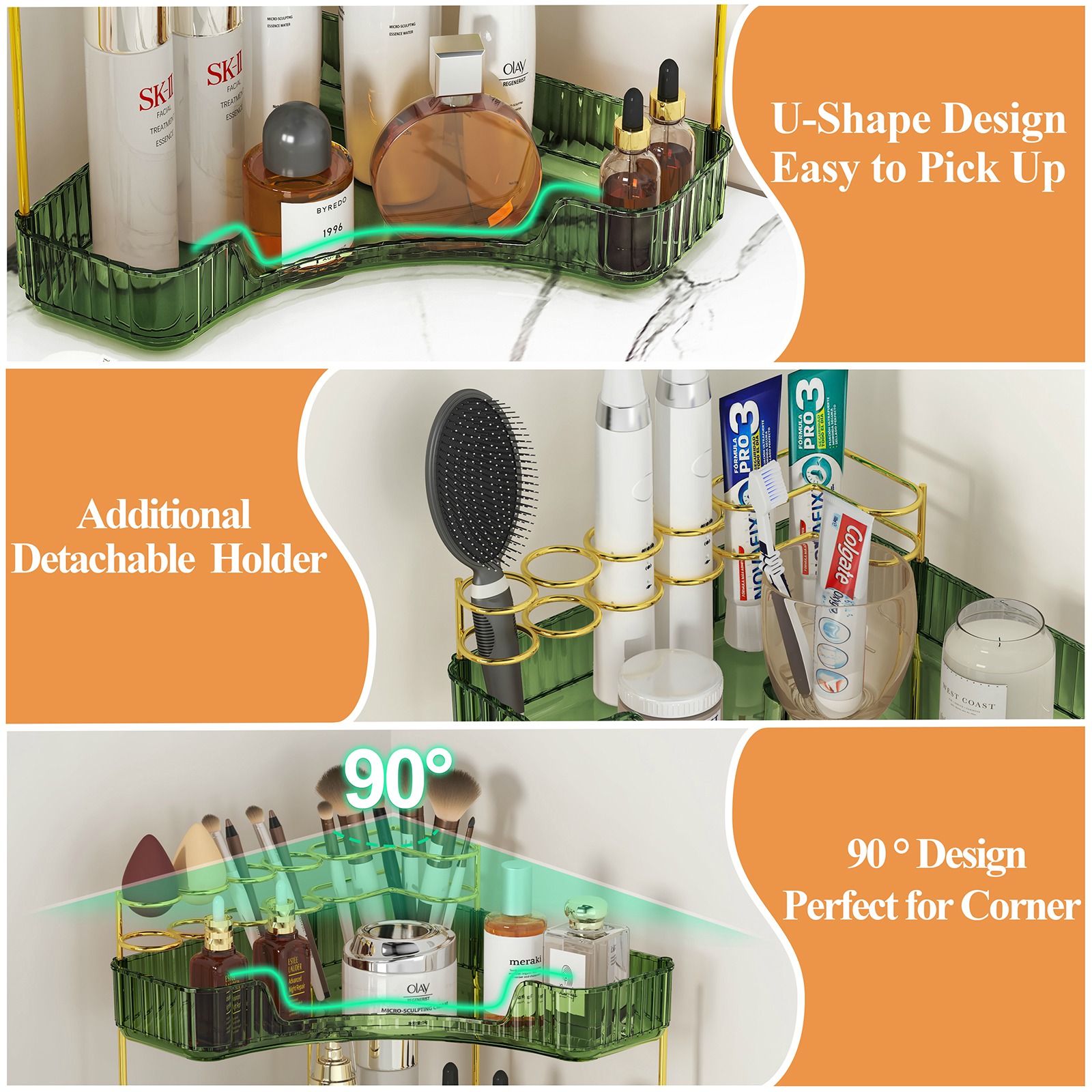 Corner Bathroom Counter Organizer, 2 Tier/3 Tier Bathroom Organizer Countertop with Makeup Brush Holder, Vanity Makeup Cosmetic Storage - 图片 5