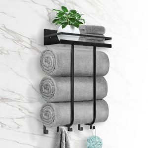 Towel Racks for Bathroom, Towel Rack Wall Mounted with Metal Shelf and 5 Hooks for Small Bathroom, Towel Holder for Bathroom, Bath Towel Storage for Rolled Towels Organizer