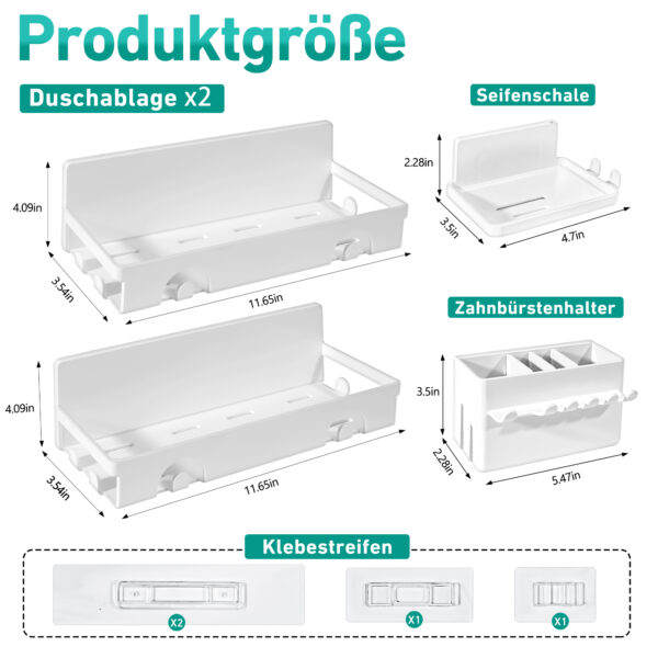 SUNZOS 4 Stück Duschablage ohne Bohren, Badezimmer Regal mit Zahnbürstenhalter und Seifenschale, Duschregal ohne Bohren für Badezimmer und Küche - 图片 2