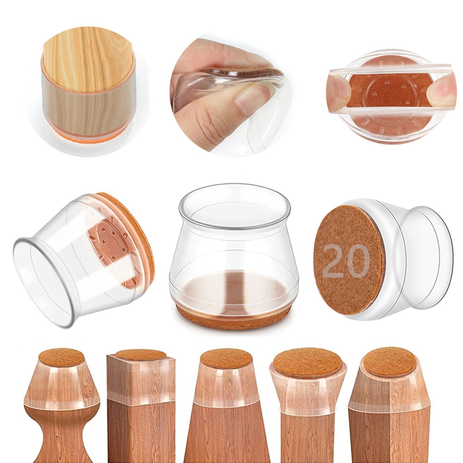 20Pcs Chair Leg Protectors for Hardwood Floors, Non-Slip Felt Furniture Pads, Silicone Clear Chair Leg Covers