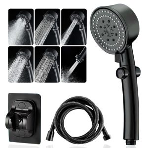 SUNZOS Shower Head and Hose 1.5M with Bracket,Water Saving Shower Head,Black Shower Head and Hose with 6 Modes