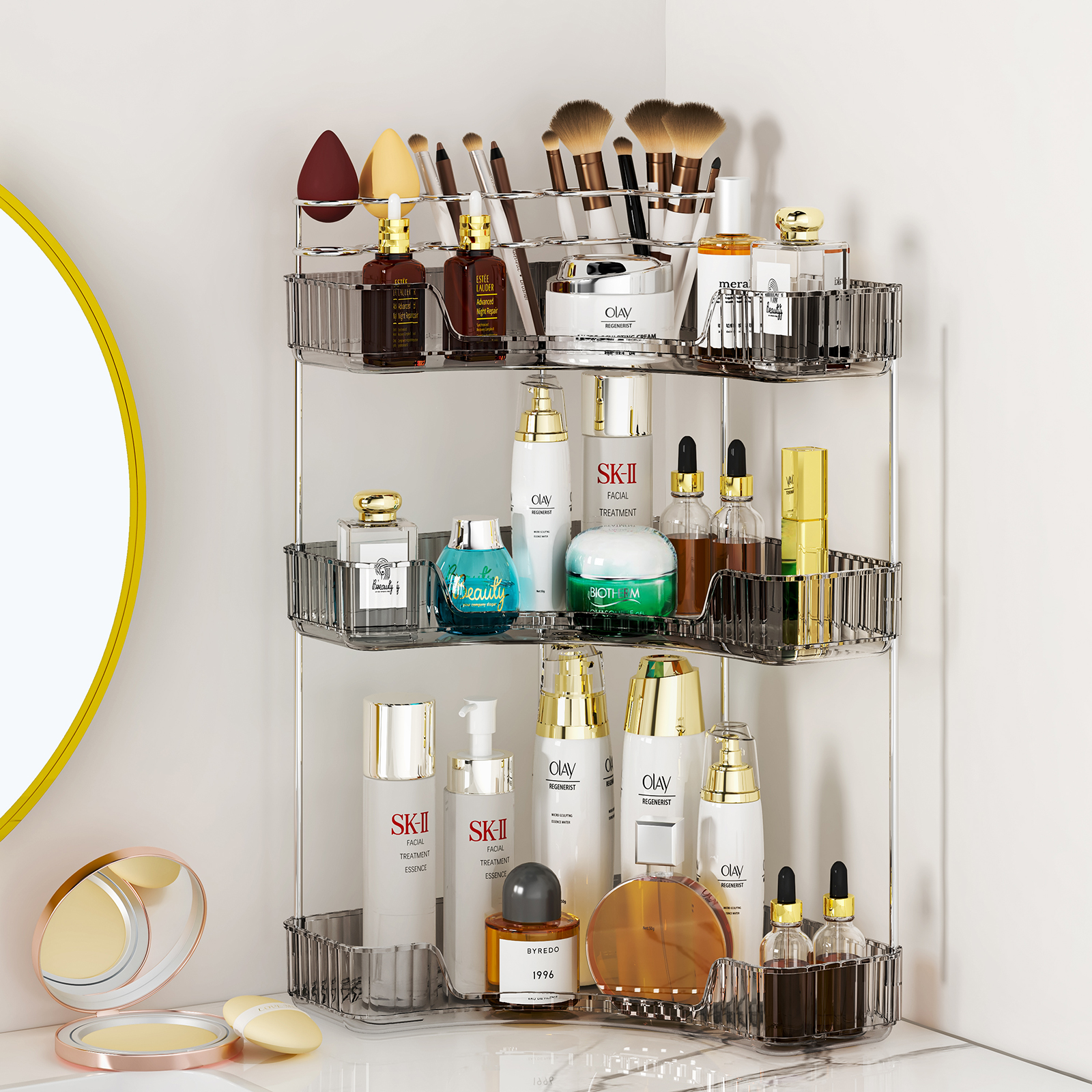 Corner Bathroom Counter Organizer, 2 Tier/3 Tier Bathroom Organizer Countertop with Makeup Brush Holder, Vanity Makeup Cosmetic Storage - 图片 3