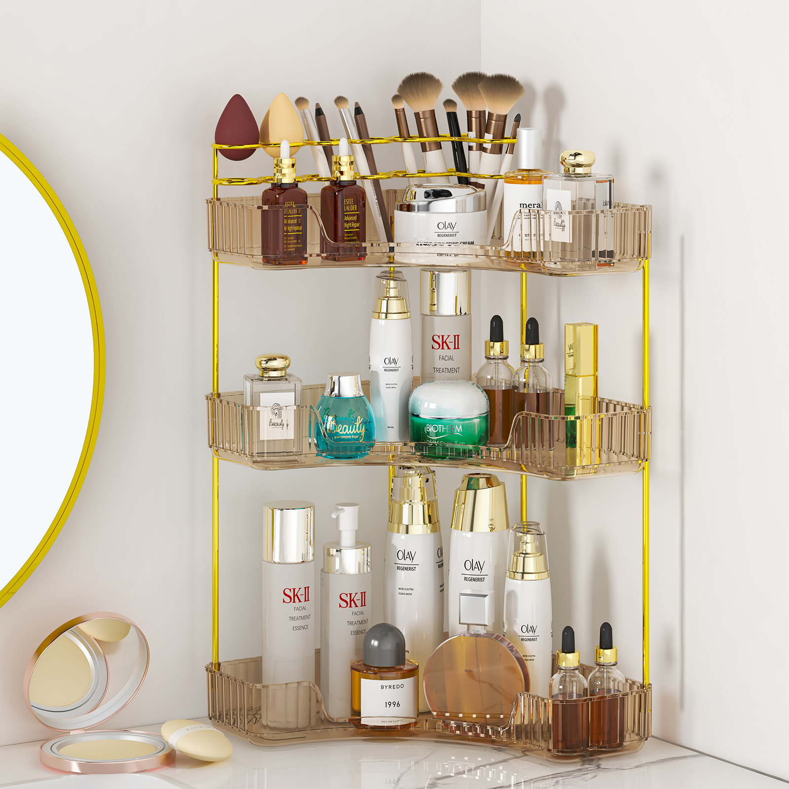 Corner Bathroom Counter Organizer, 2 Tier/3 Tier Bathroom Organizer Countertop with Makeup Brush Holder, Vanity Makeup Cosmetic Storage - 图片 4