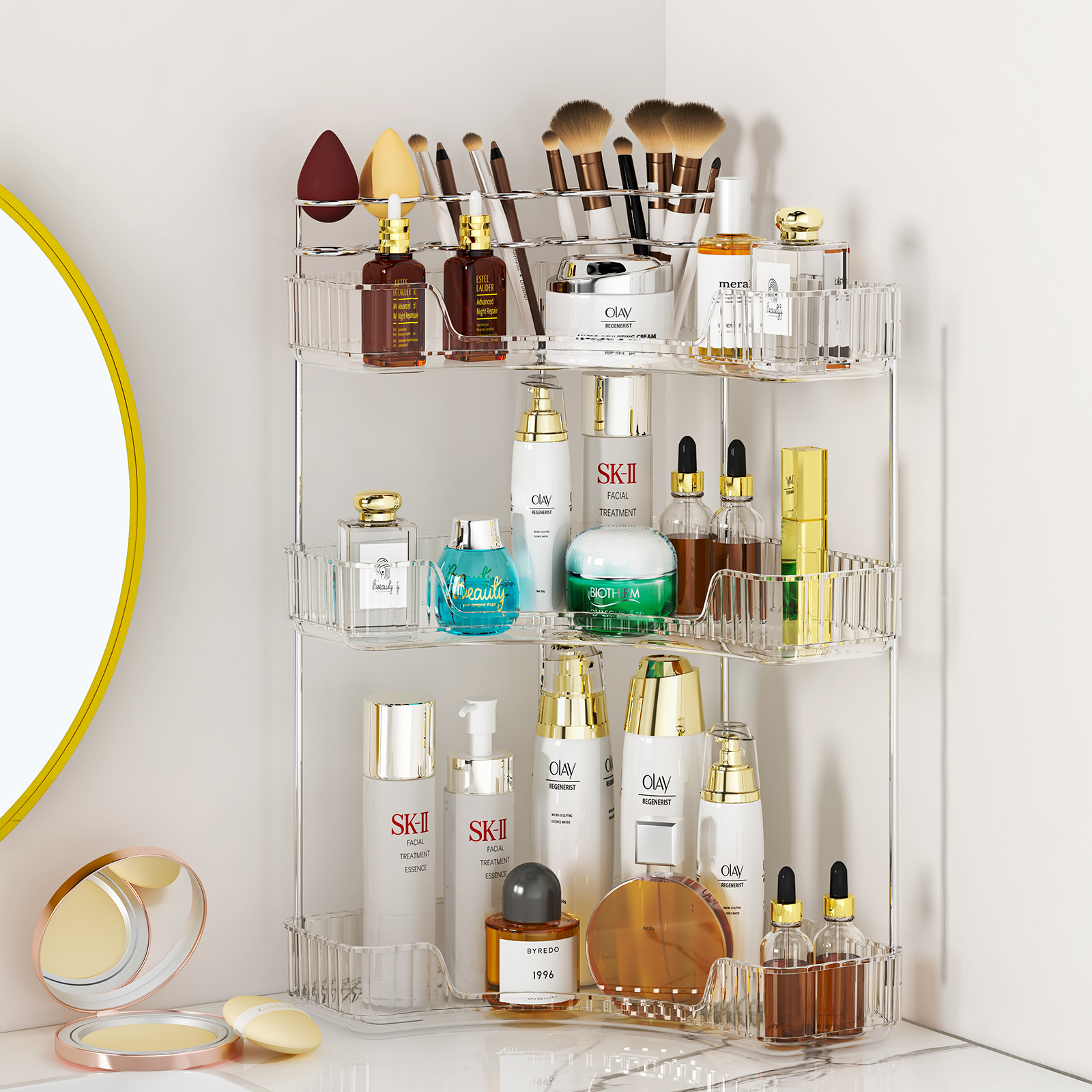 Corner Bathroom Counter Organizer, 2 Tier/3 Tier Bathroom Organizer Countertop with Makeup Brush Holder, Vanity Makeup Cosmetic Storage - 图片 2