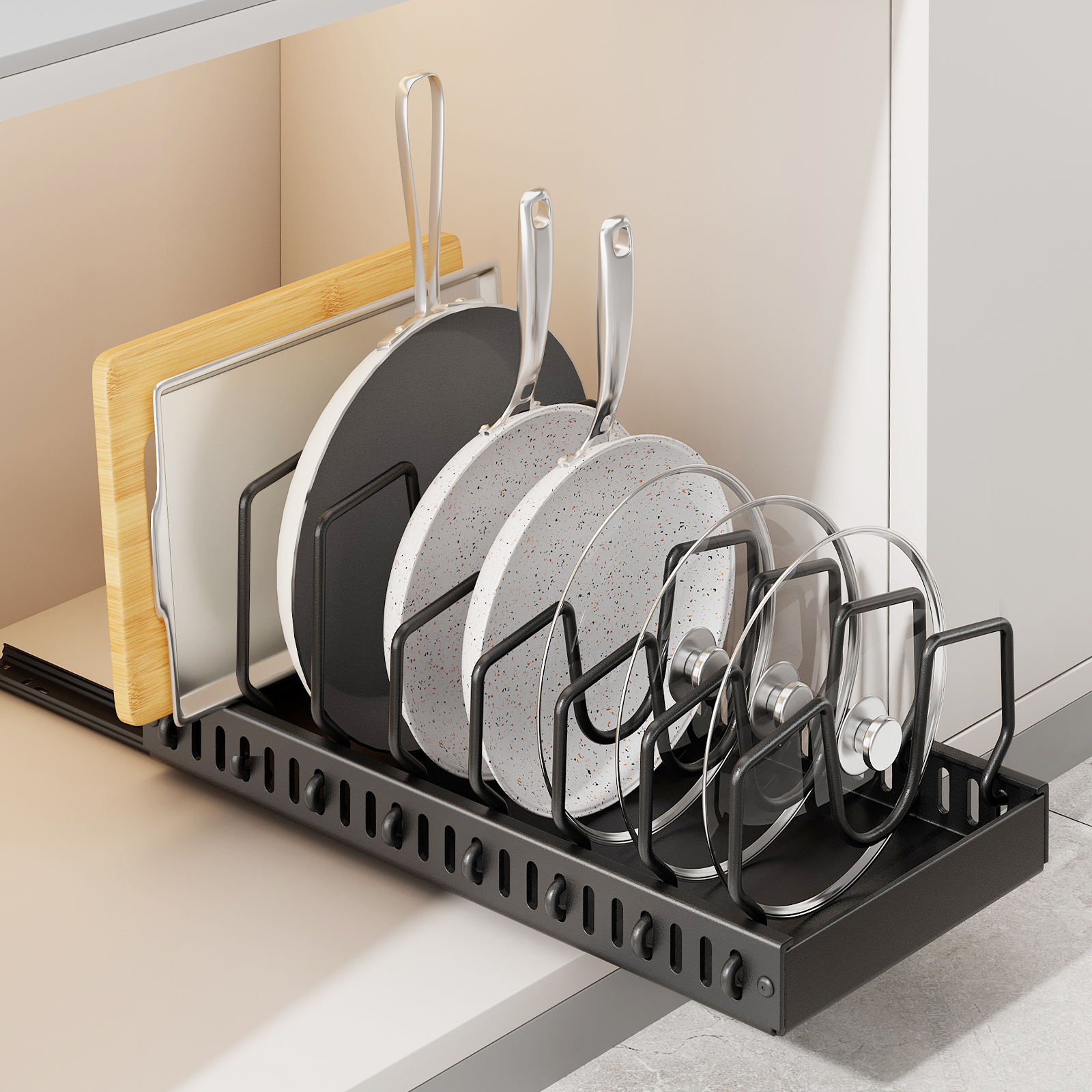 Pots and Pans Organizer for Under Cabinet, Pull Out Pot Lid Organizer for Kitchen, Pan Organizers Inside Cabinet and Storage with 8 Adjustable Dividers