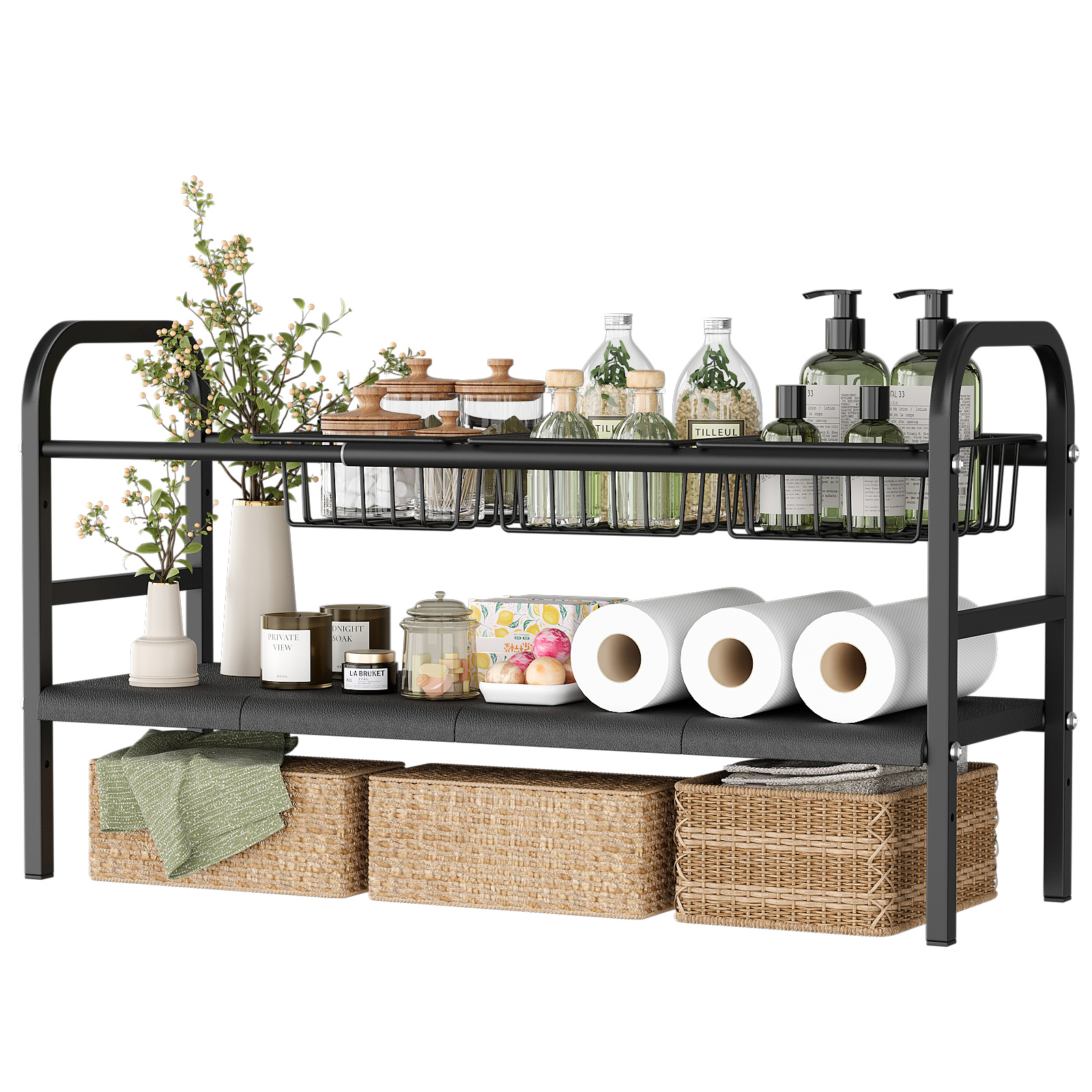 Under Sink Organizers, 2 Tier Expandable Cabinet Shelf Organizer with Removable Panels and Baskets, Under Counter Storage Organizer for Kitchen, Bathroom, Shoe Storage Rack