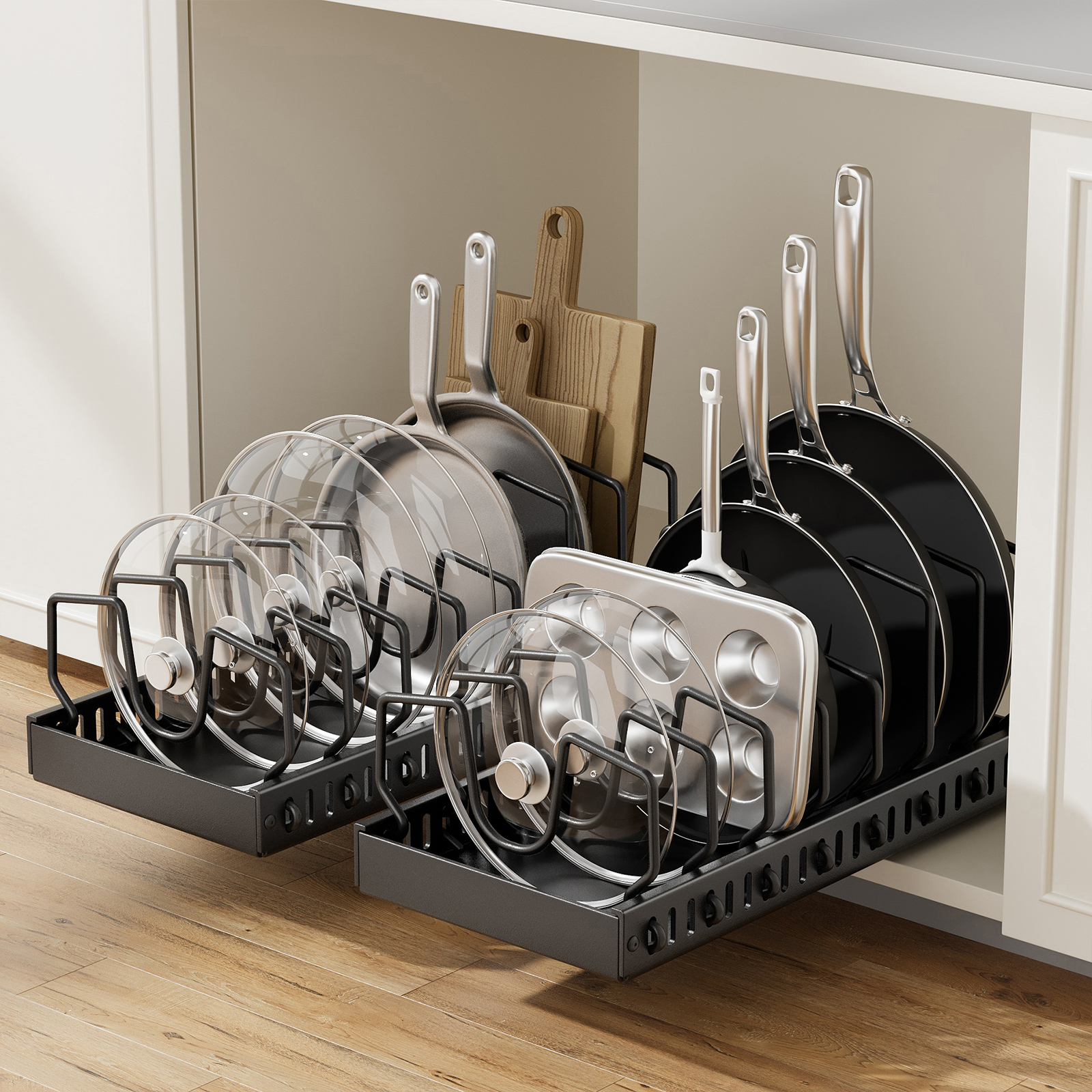 Pots and Pans Organizer for Under Cabinet, Pull Out Pot Lid Organizer for Kitchen, Pan Organizers Inside Cabinet and Storage with 8 Adjustable Dividers - 图片 2