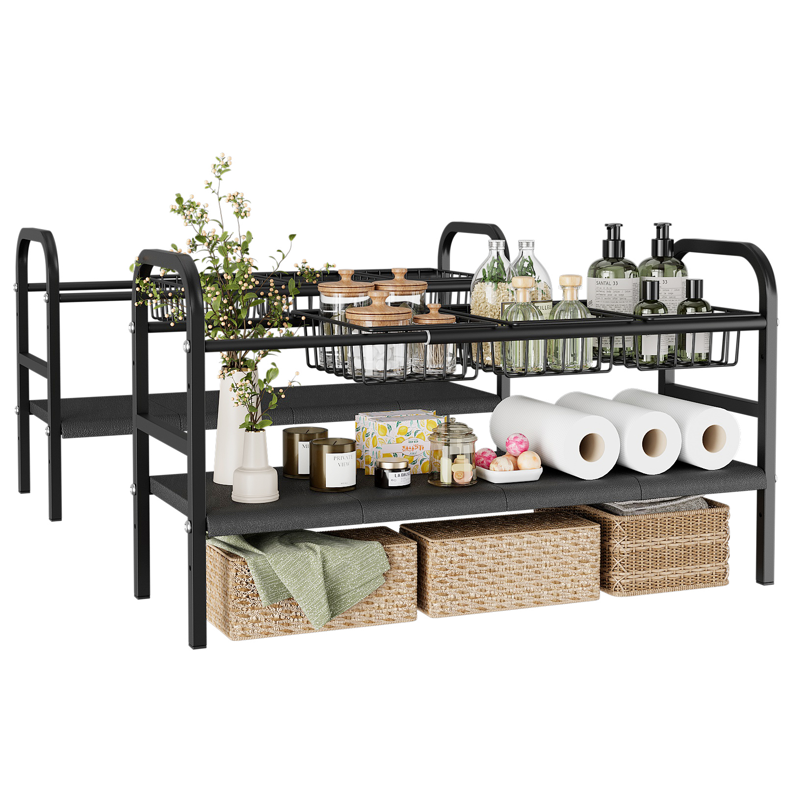 Under Sink Organizers, 2 Tier Expandable Cabinet Shelf Organizer with Removable Panels and Baskets, Under Counter Storage Organizer for Kitchen, Bathroom, Shoe Storage Rack - 图片 2