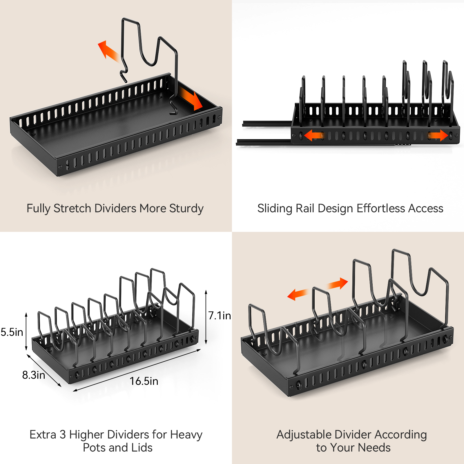 Pots and Pans Organizer for Under Cabinet, Pull Out Pot Lid Organizer for Kitchen, Pan Organizers Inside Cabinet and Storage with 8 Adjustable Dividers - 图片 4