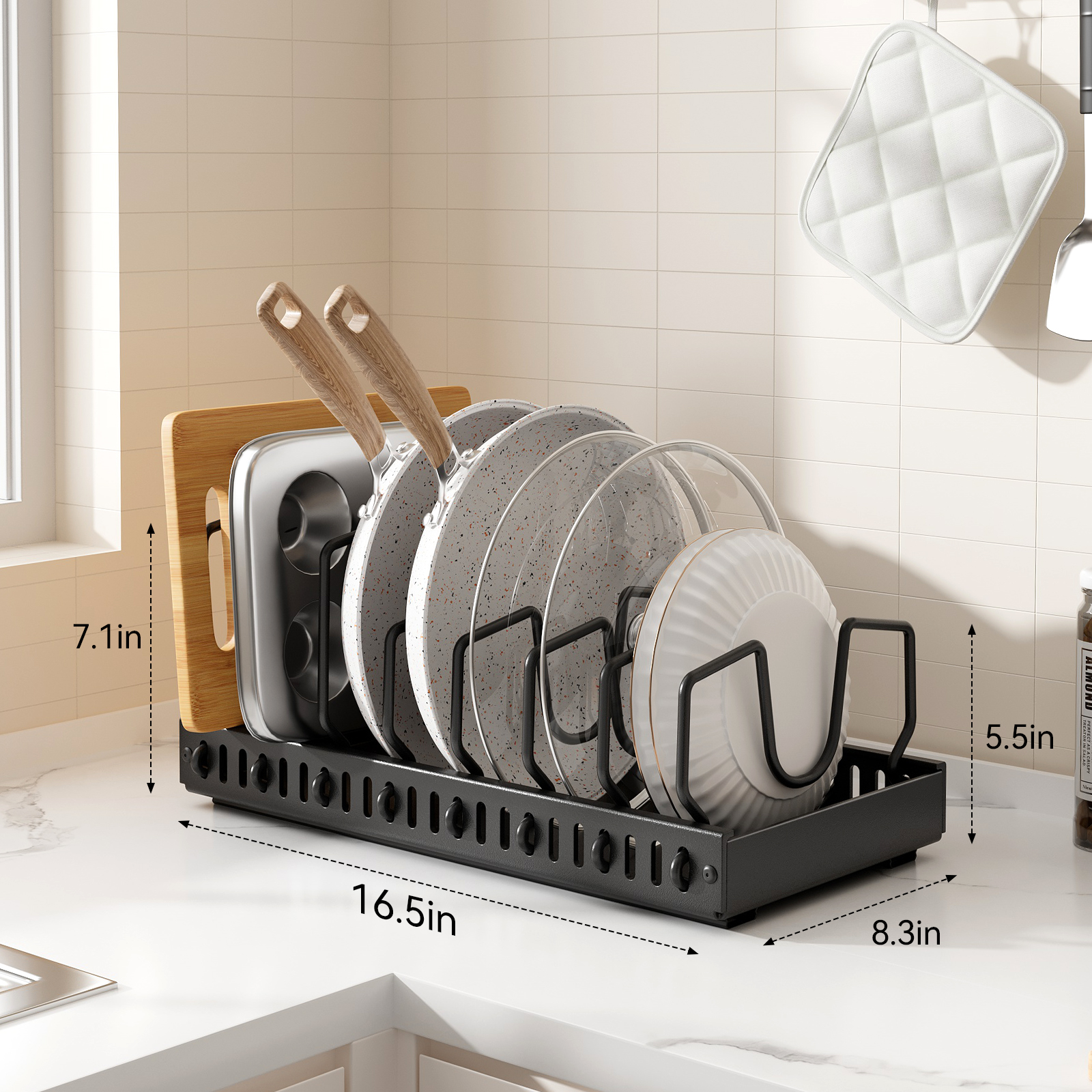 Pots and Pans Organizer for Under Cabinet, Pull Out Pot Lid Organizer for Kitchen, Pan Organizers Inside Cabinet and Storage with 8 Adjustable Dividers - 图片 6