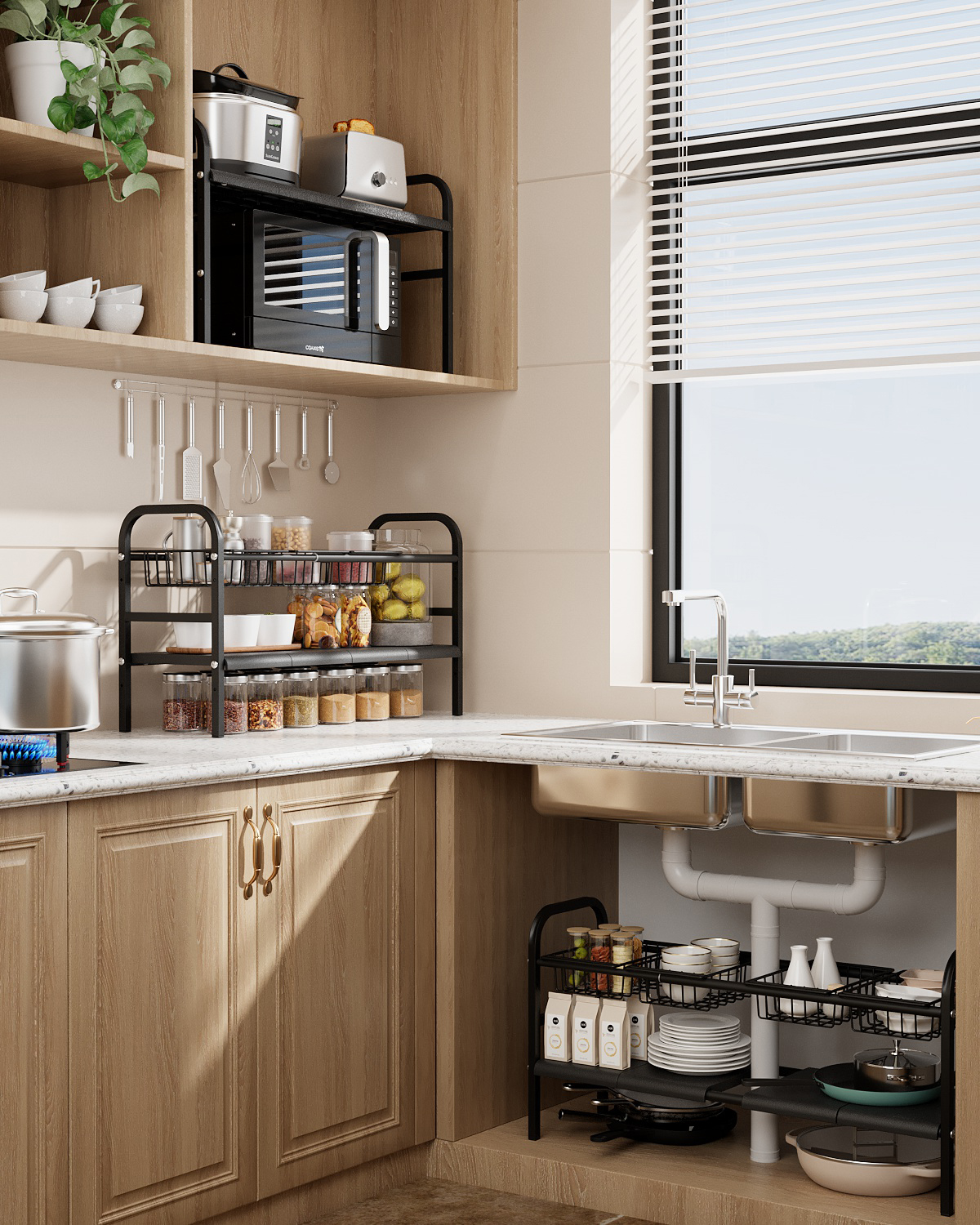 Under Sink Organizers, 2 Tier Expandable Cabinet Shelf Organizer with Removable Panels and Baskets, Under Counter Storage Organizer for Kitchen, Bathroom, Shoe Storage Rack - 图片 5