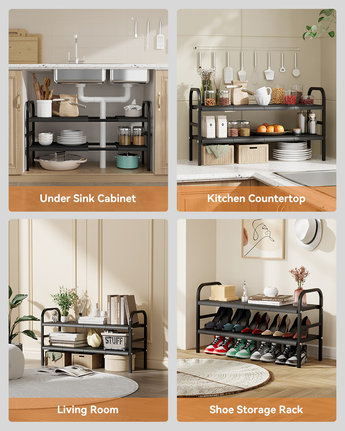 Under Sink Organizers, 2 Tier Expandable Cabinet Shelf Organizer with Removable Panels and Baskets, Under Counter Storage Organizer for Kitchen, Bathroom, Shoe Storage Rack - 图片 6
