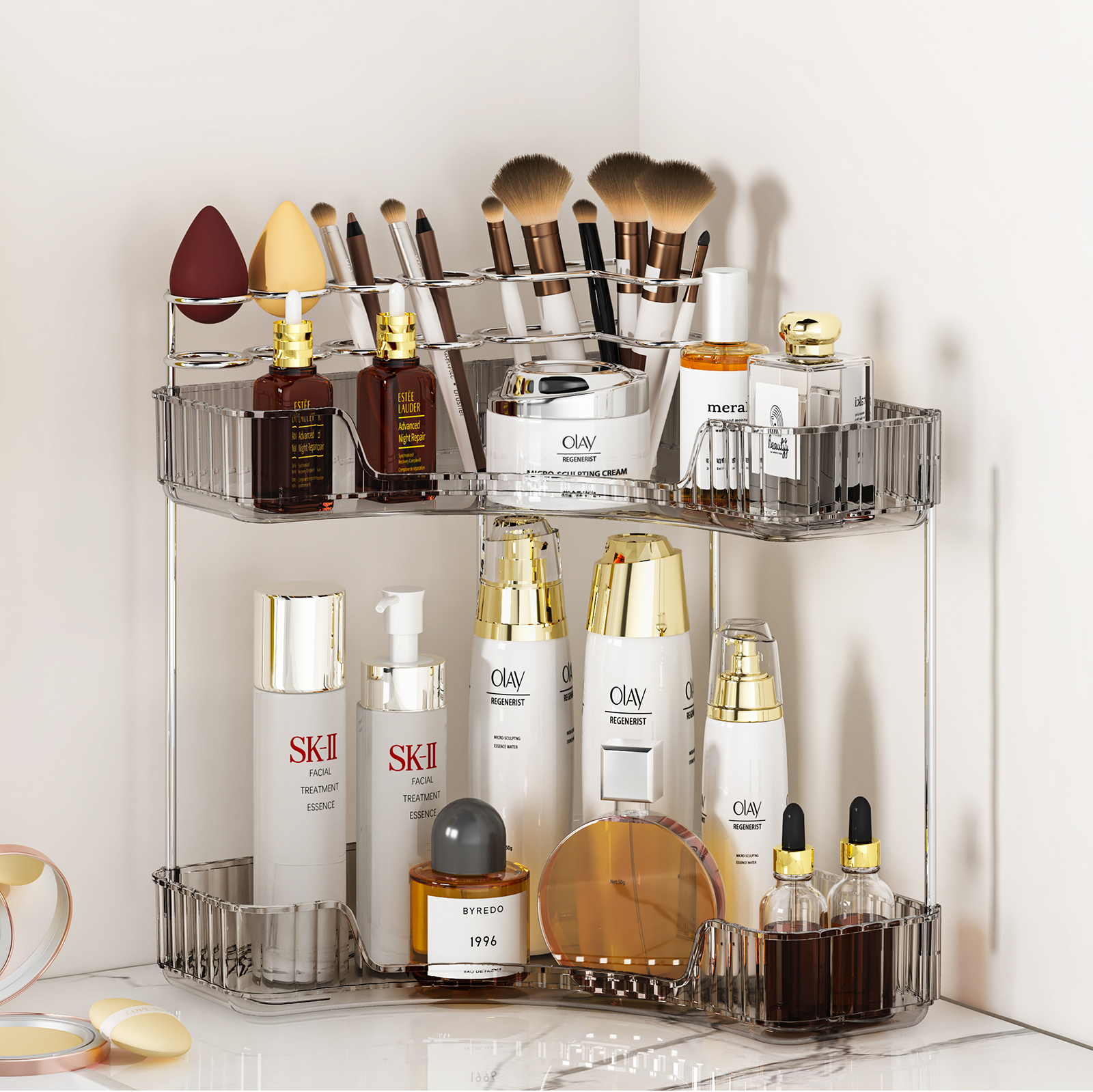 Corner Bathroom Counter Organizer, 2 Tier/3 Tier Bathroom Organizer Countertop with Makeup Brush Holder, Vanity Makeup Cosmetic Storage - 图片 7